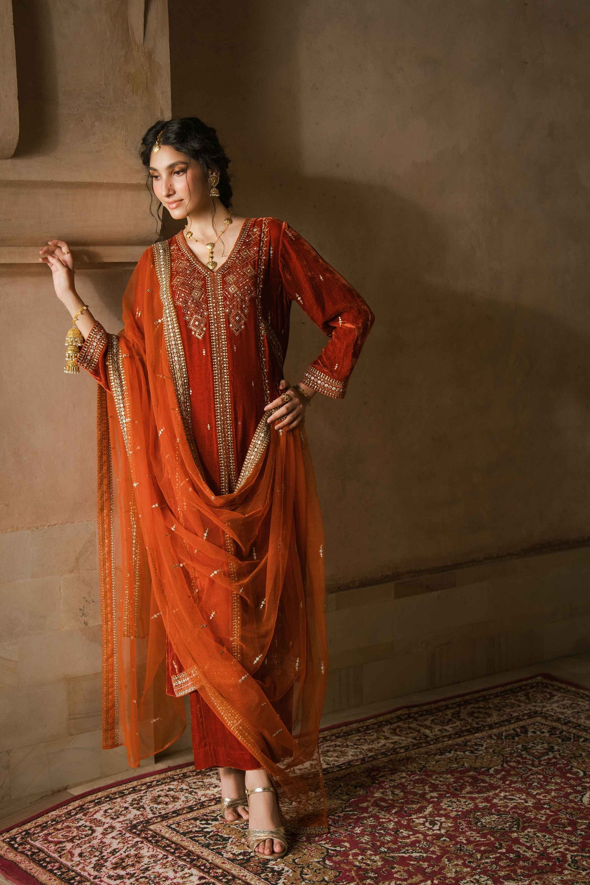 Nishat UK - Burnt Orange Embroidered Velvet 3 Pieces ready to wear luxury Suit