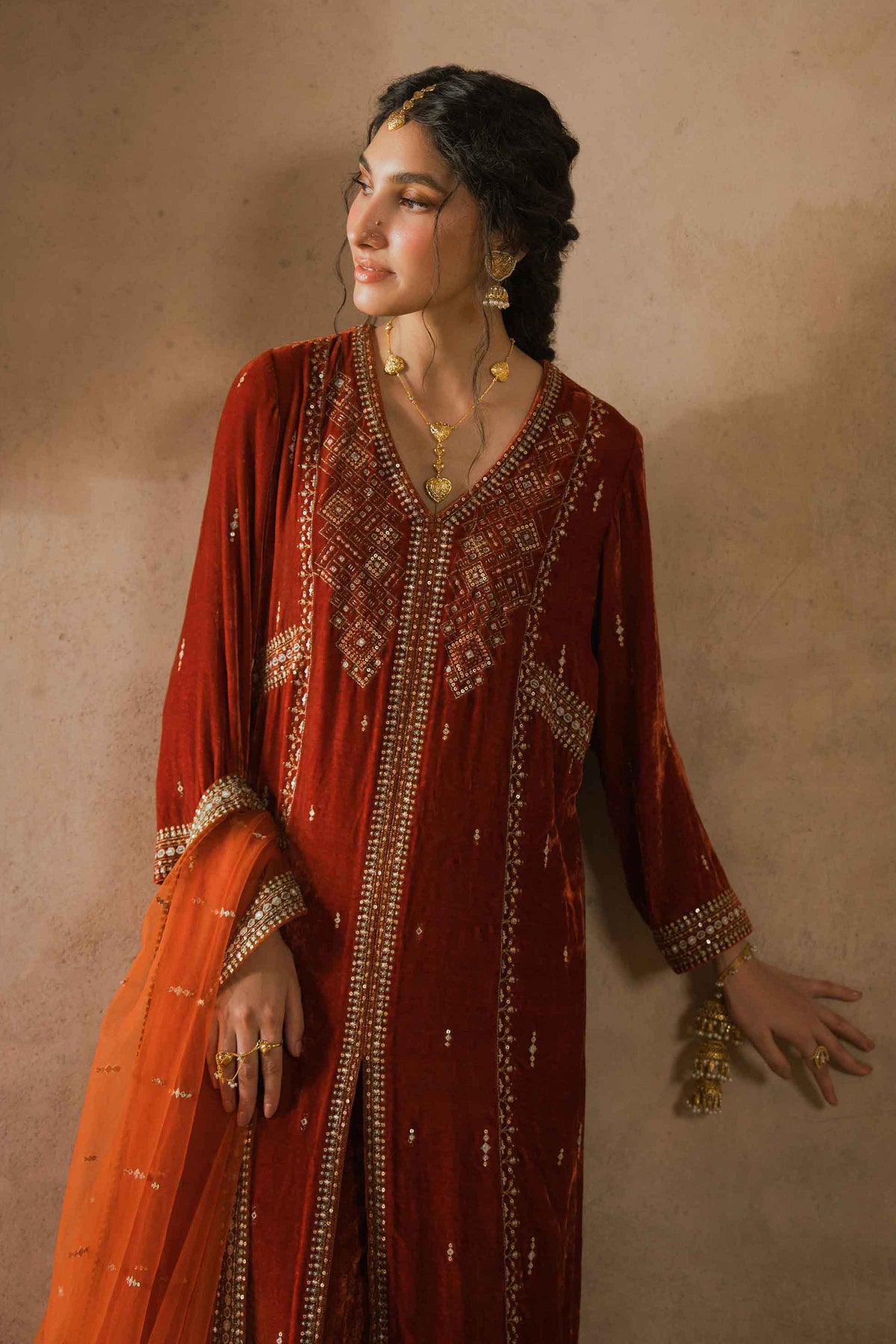 Nishat UK - Burnt Orange Embroidered Velvet 3 Pieces ready to wear luxury Suit