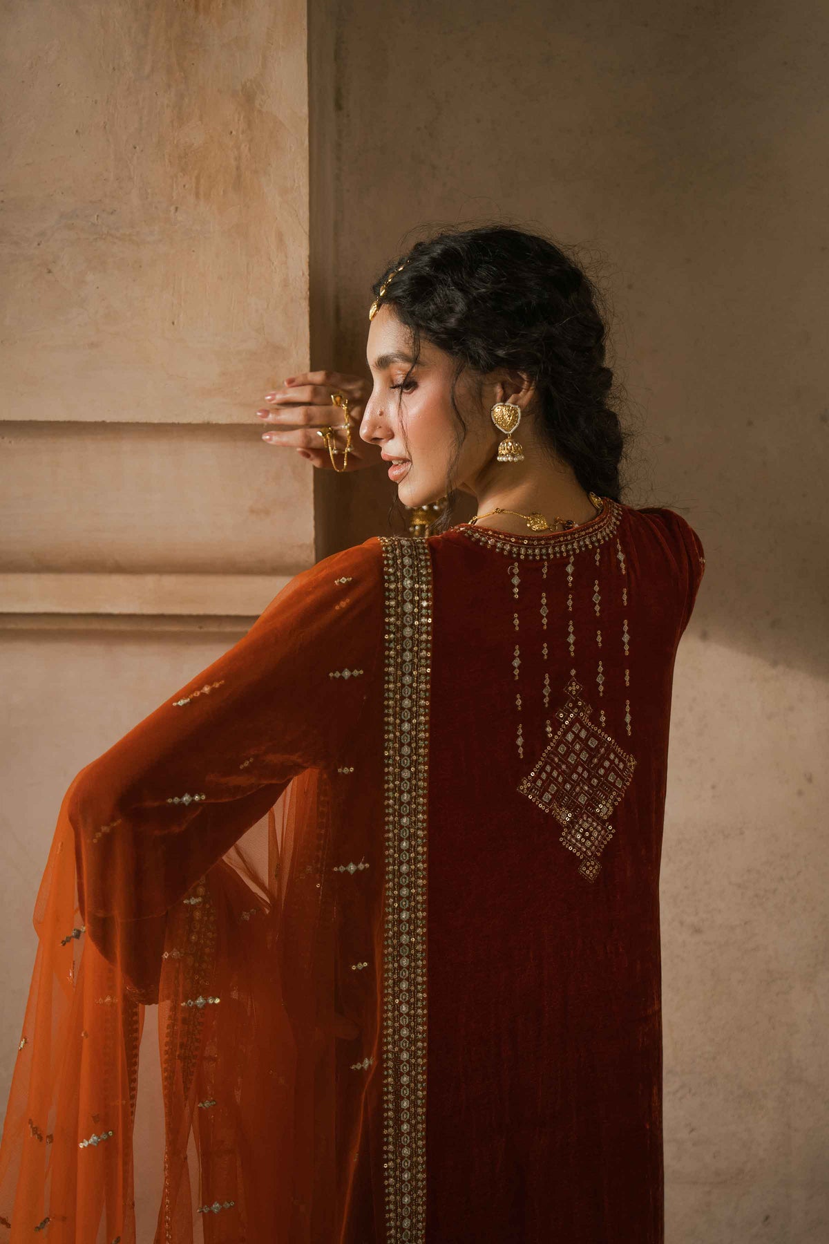 Nishat UK - Burnt Orange Embroidered Velvet 3 Pieces ready to wear luxury Suit