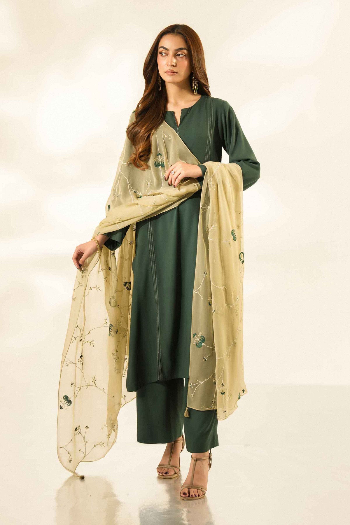 Nishat UK - Green Embroidered Linen 3 Pieces ready to wear luxury Suit