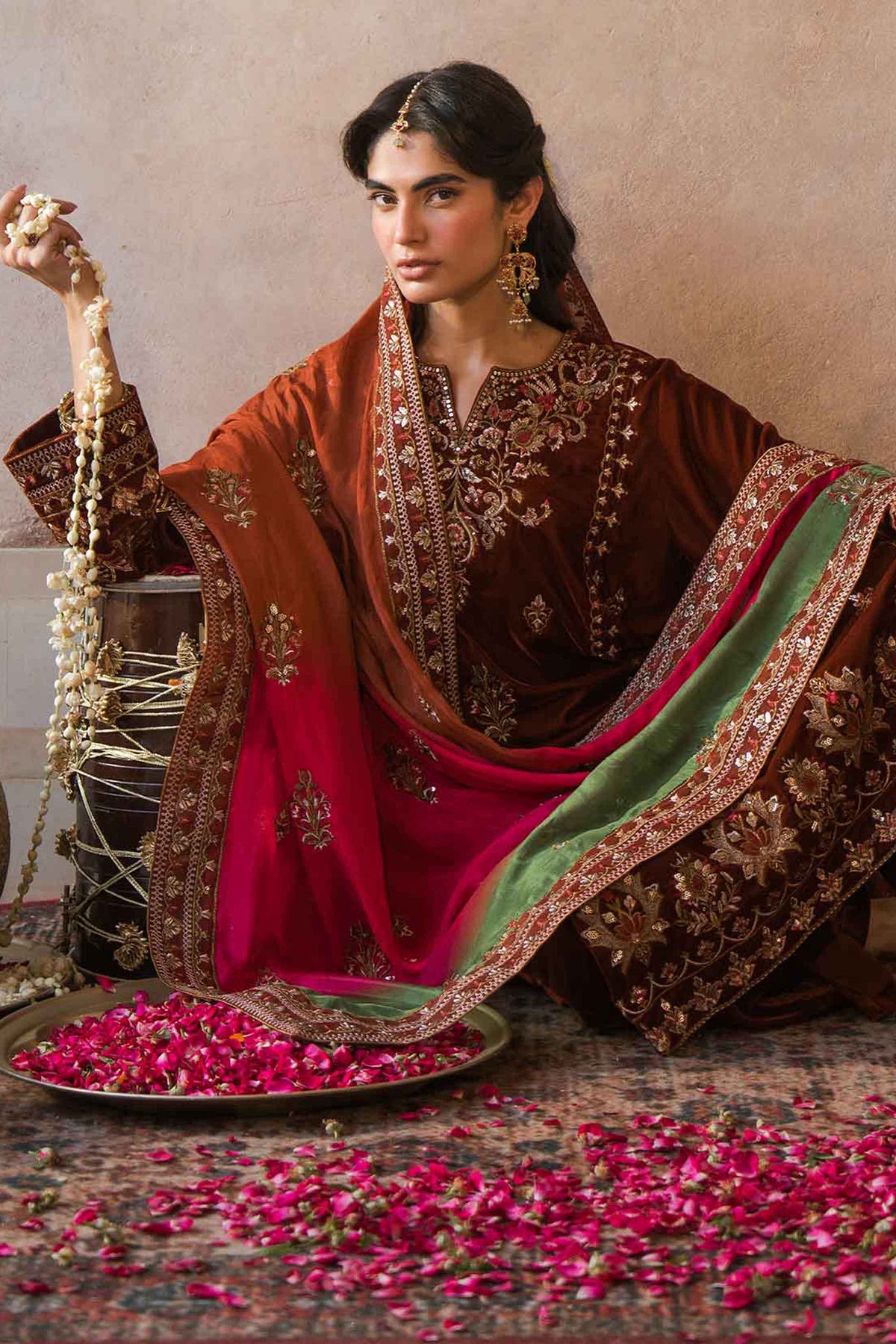 Nishat UK - Brown Embroidered Velvet 3 Pieces ready to wear luxury Suit