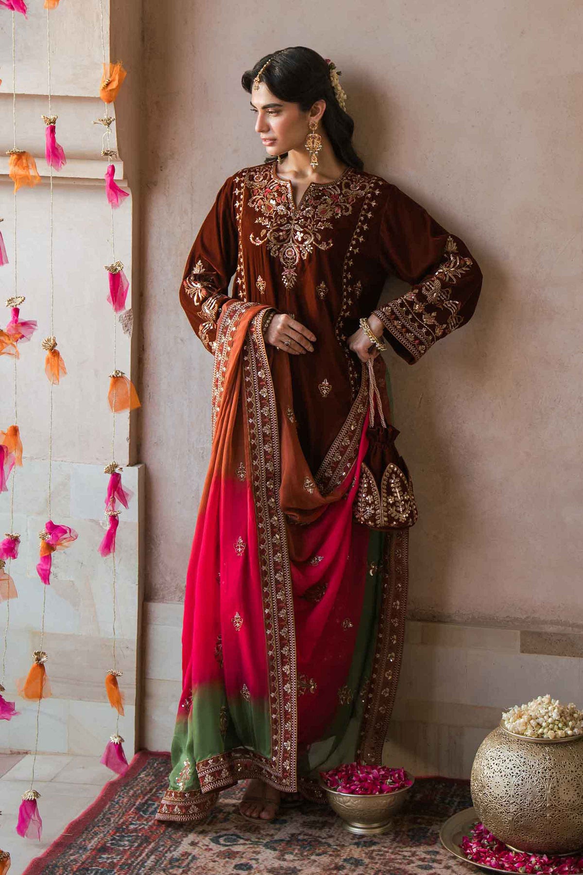 Nishat UK - Brown Embroidered Velvet 3 Pieces ready to wear luxury Suit