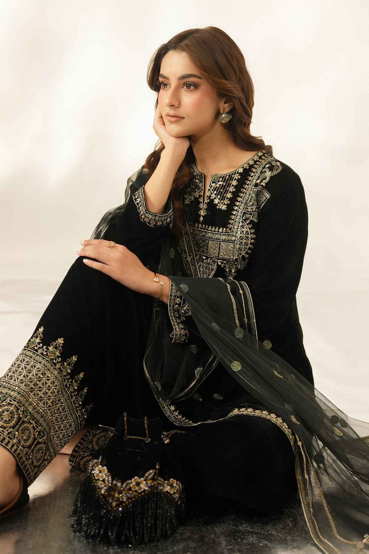 Nishat UK - Black Embroidered Velvet 3 Pieces ready to wear Suit