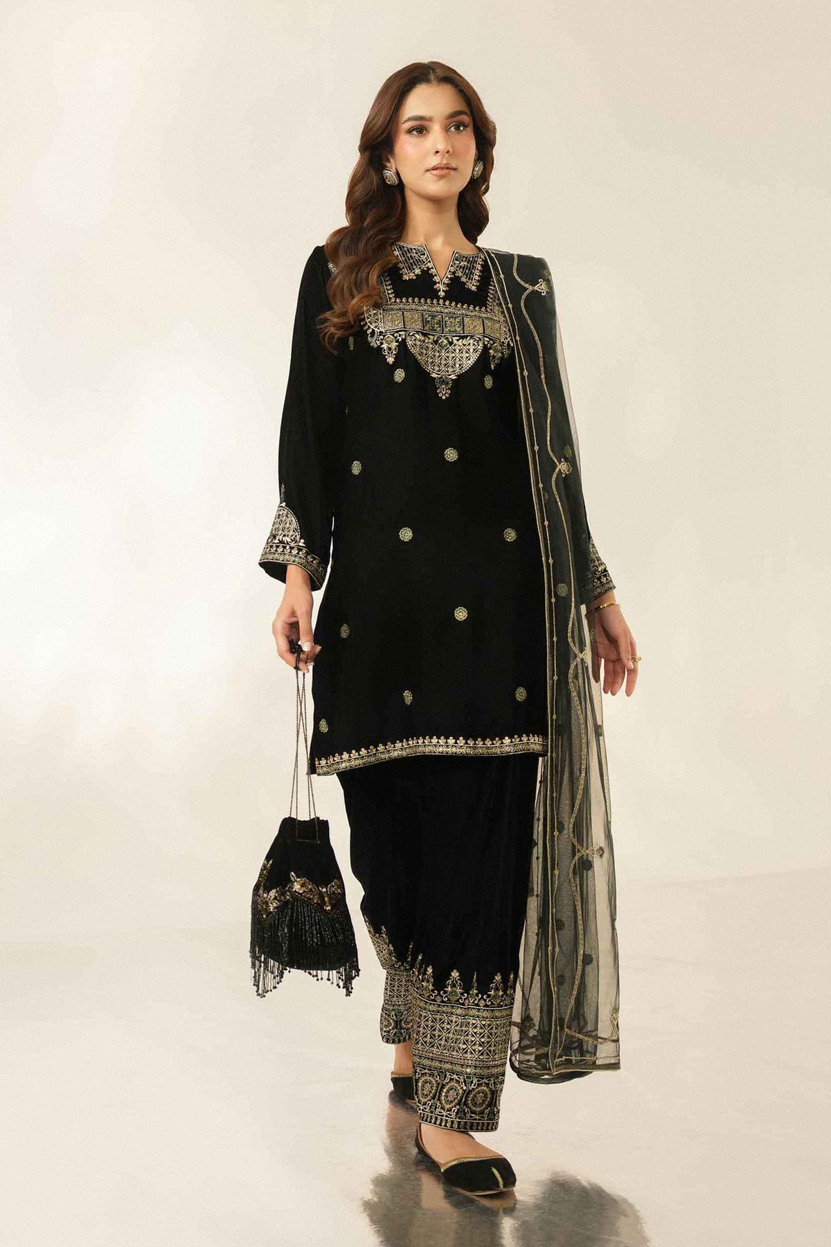 Nishat UK - Black Embroidered Velvet 3 Pieces ready to wear Suit