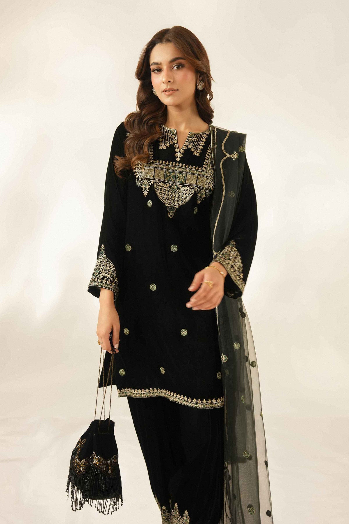 Nishat UK - Black Embroidered Velvet 3 Pieces ready to wear Suit