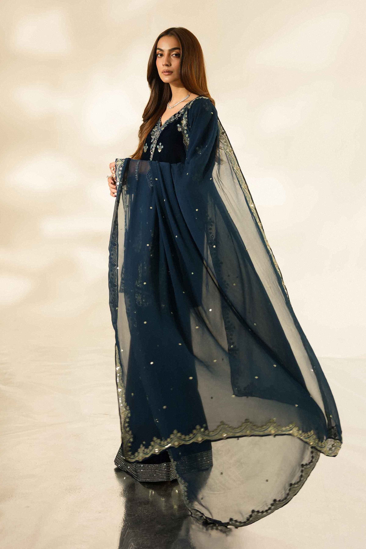 Nishat UK - Blue Embroidered Velvet 3 Pieces ready to wear Suit