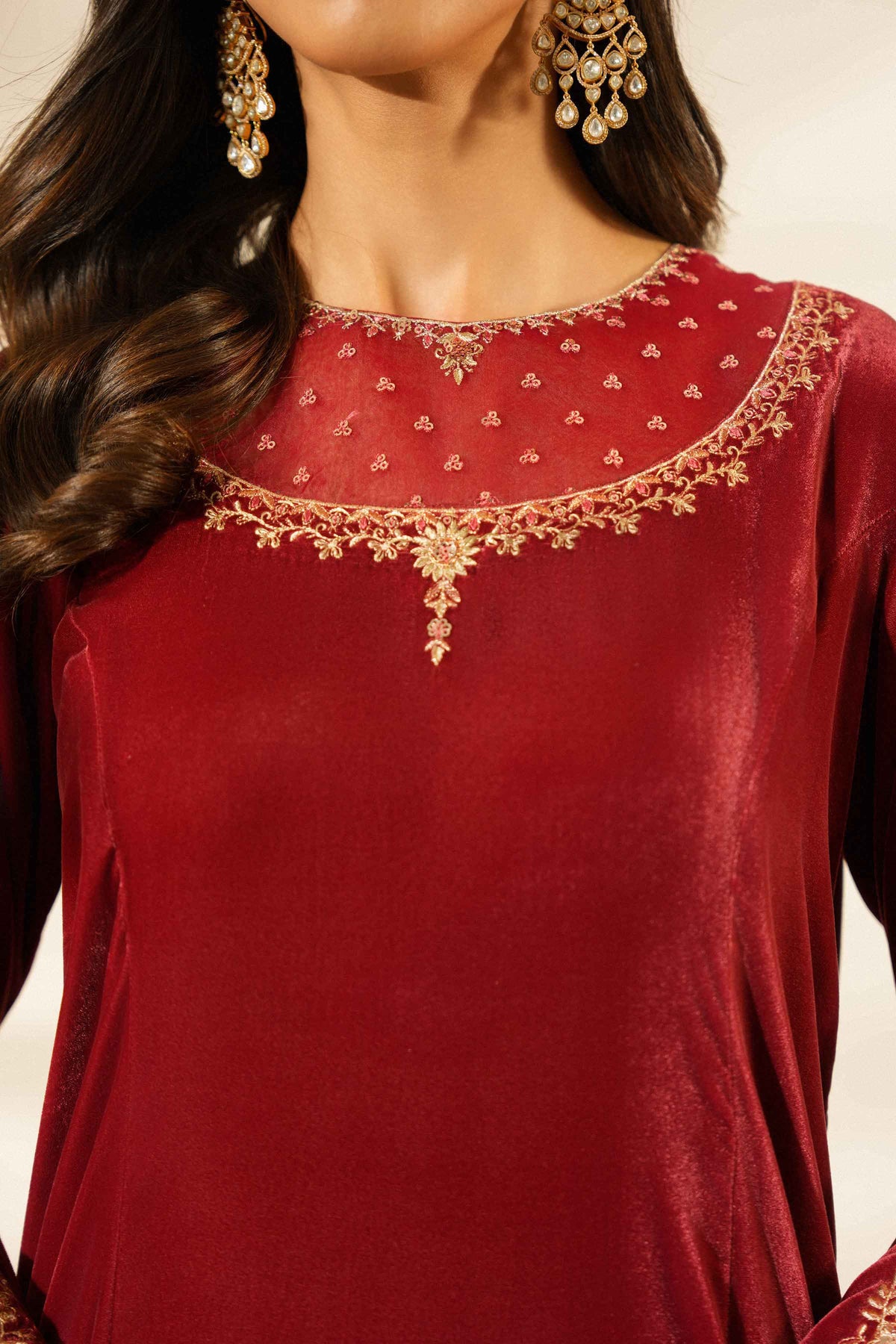 Nishat UK - Red Embroidered Velvet 3 Pieces ready to wear Suit