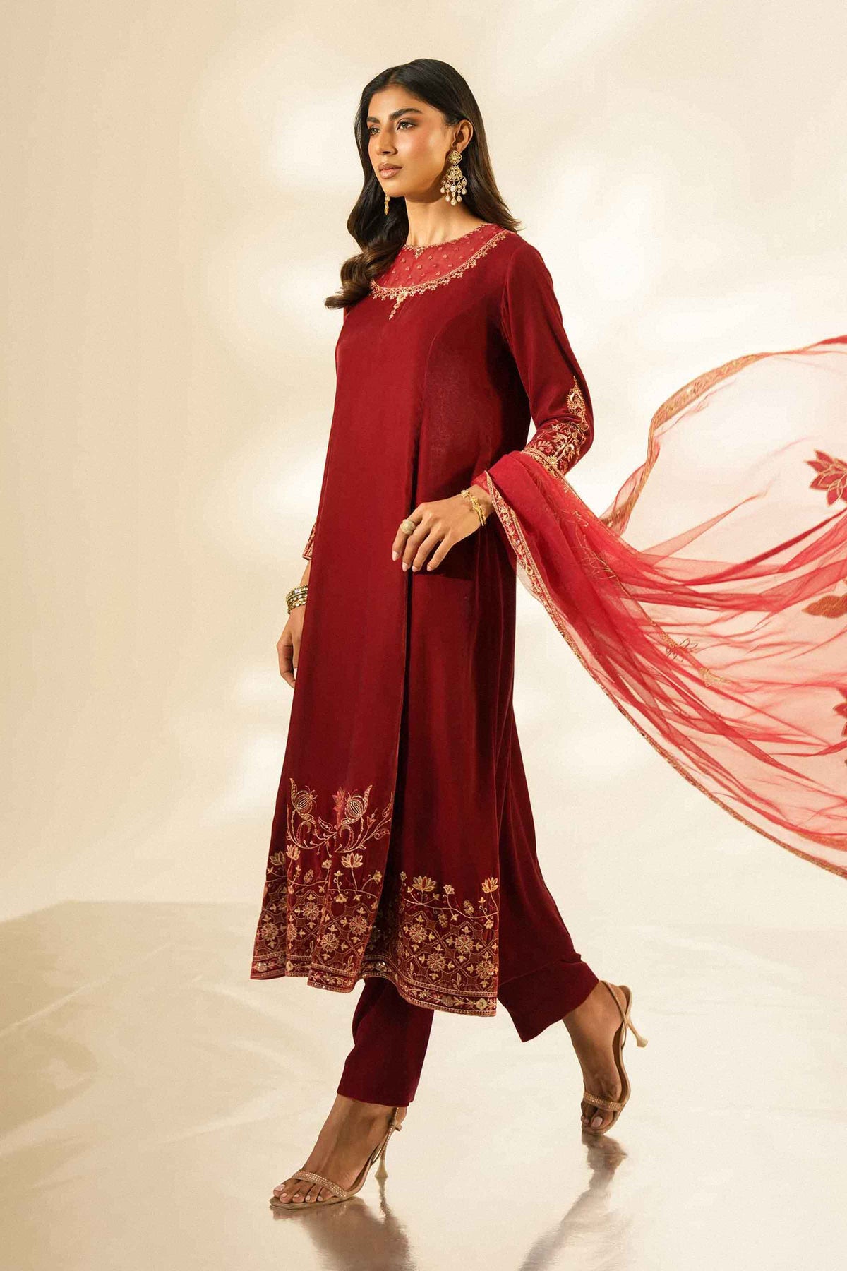 Nishat UK - Red Embroidered Velvet 3 Pieces ready to wear Suit