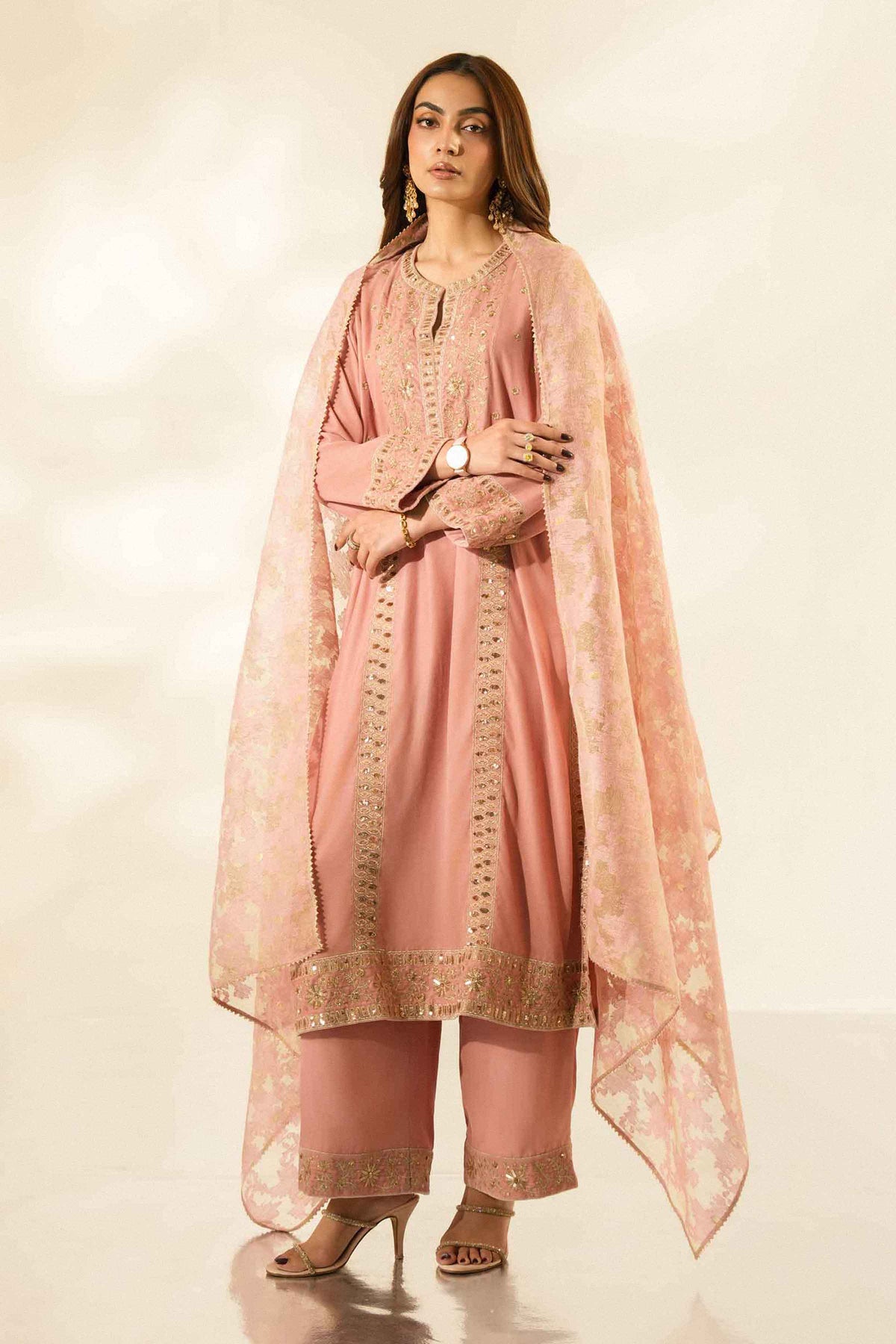 Nishat UK - Pink Embroidered Velvet 3 Pieces ready to wear Suit
