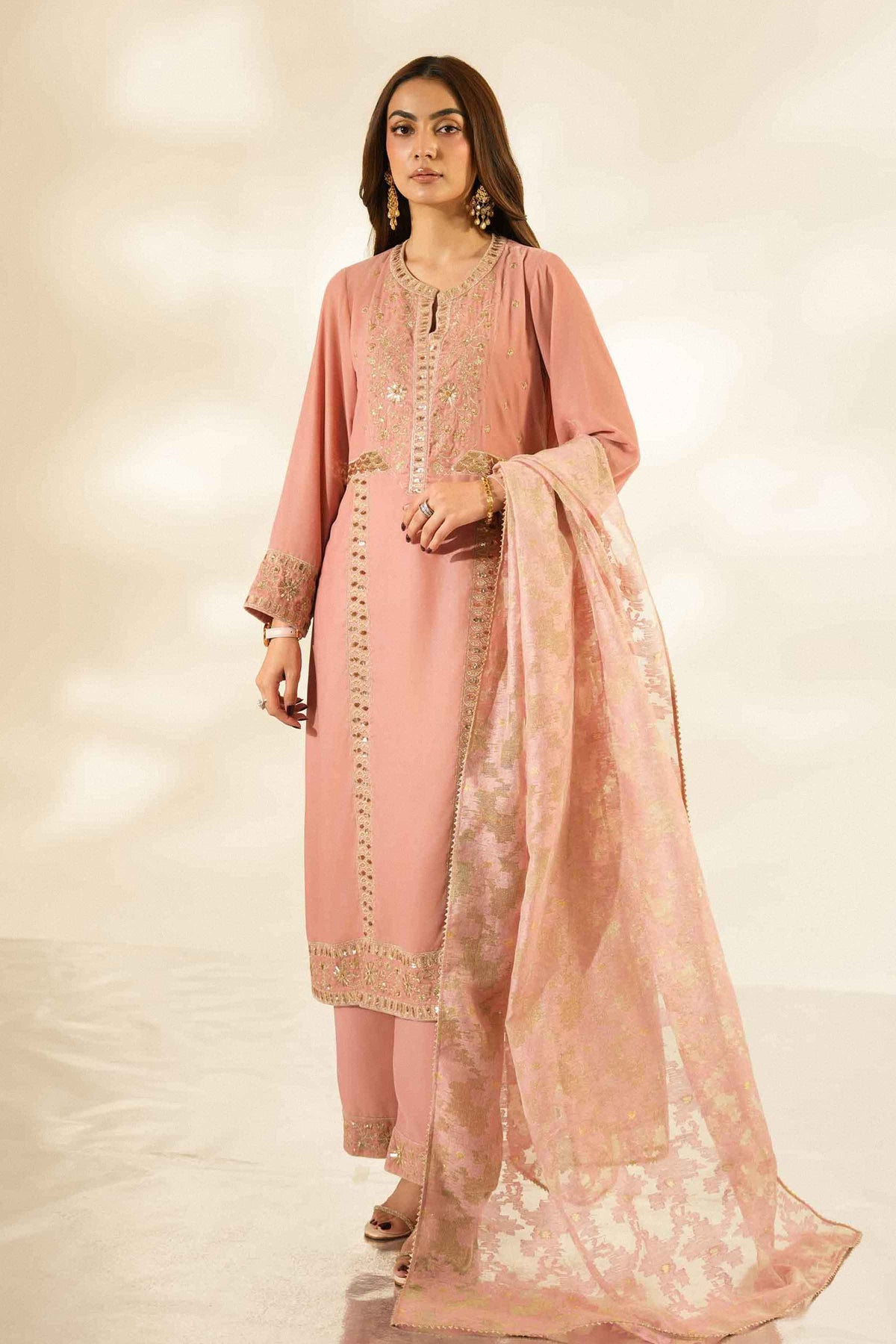 Nishat UK - Pink Embroidered Velvet 3 Pieces ready to wear Suit