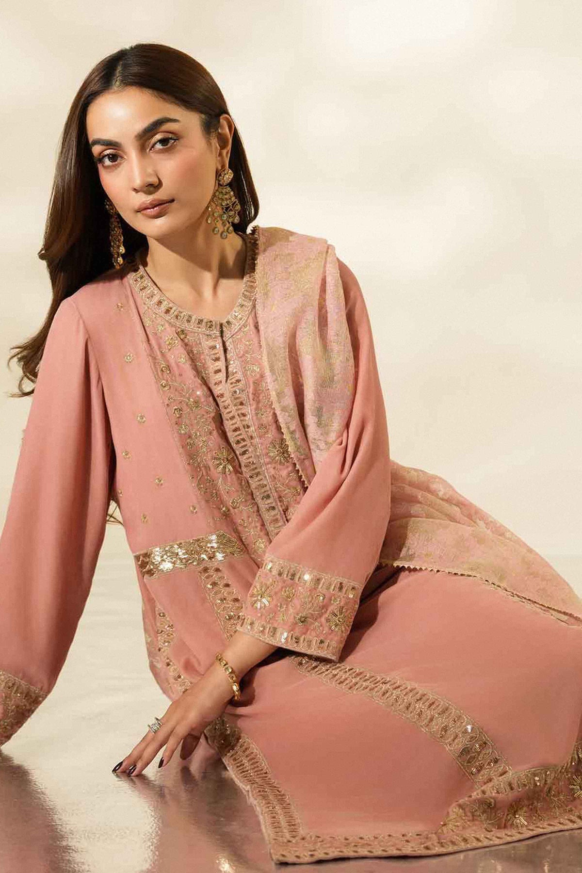 Nishat UK - Pink Embroidered Velvet 3 Pieces ready to wear Suit