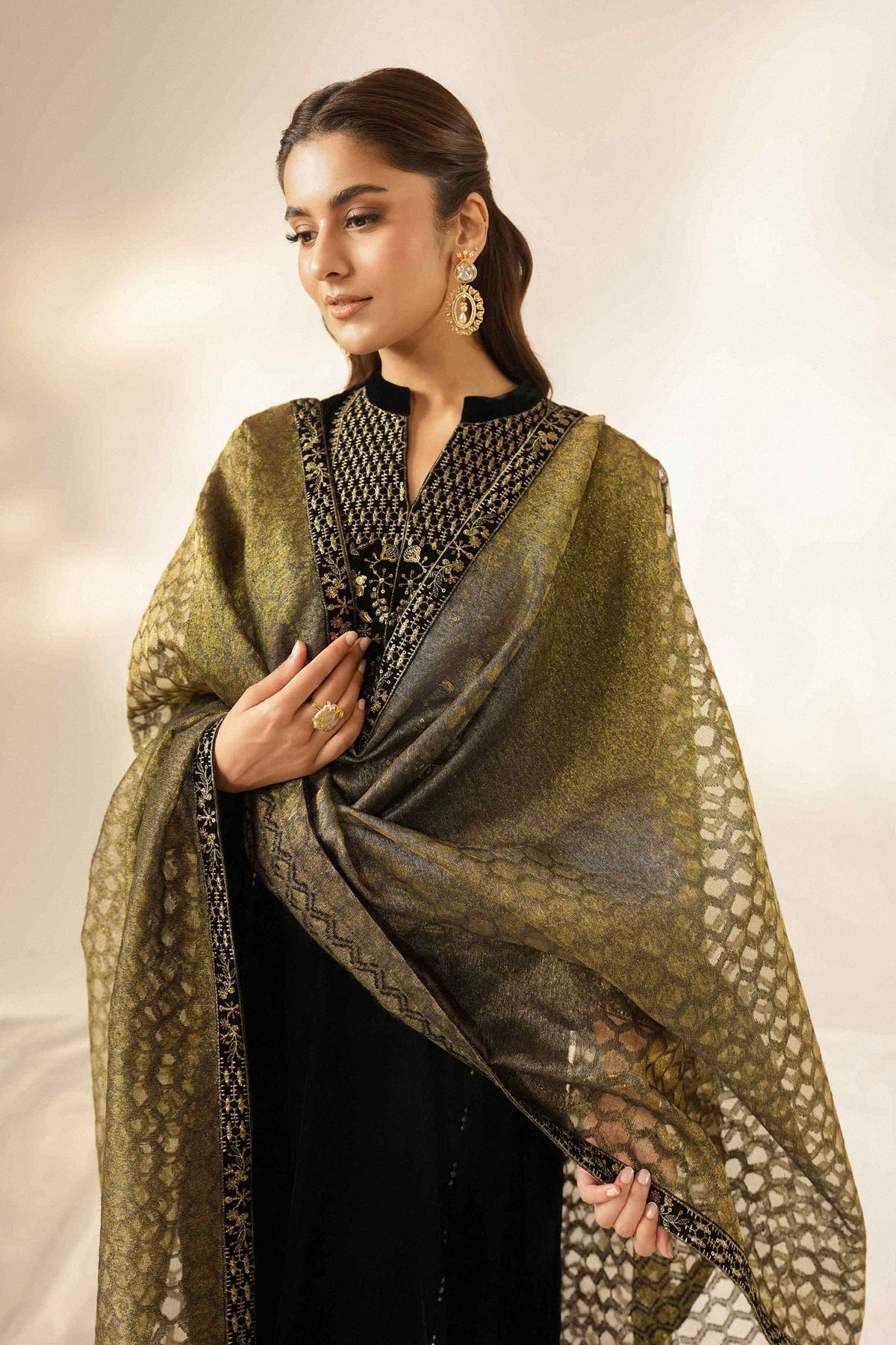 Nishat UK - Black Embroidered Velvet 3 Pieces ready to wear Suit
