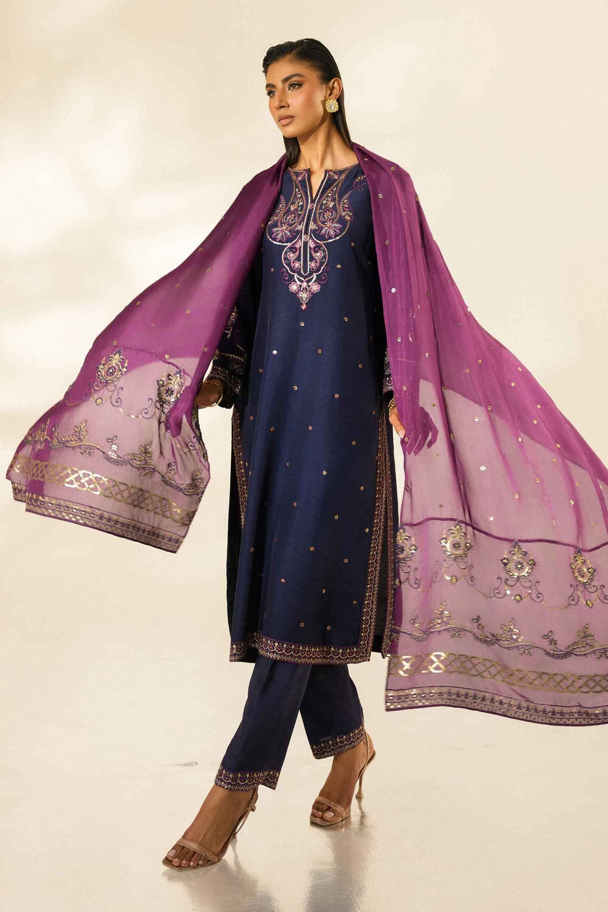 Nishat UK - Blue Embroidered Silk 3 Pieces ready to wear Suit