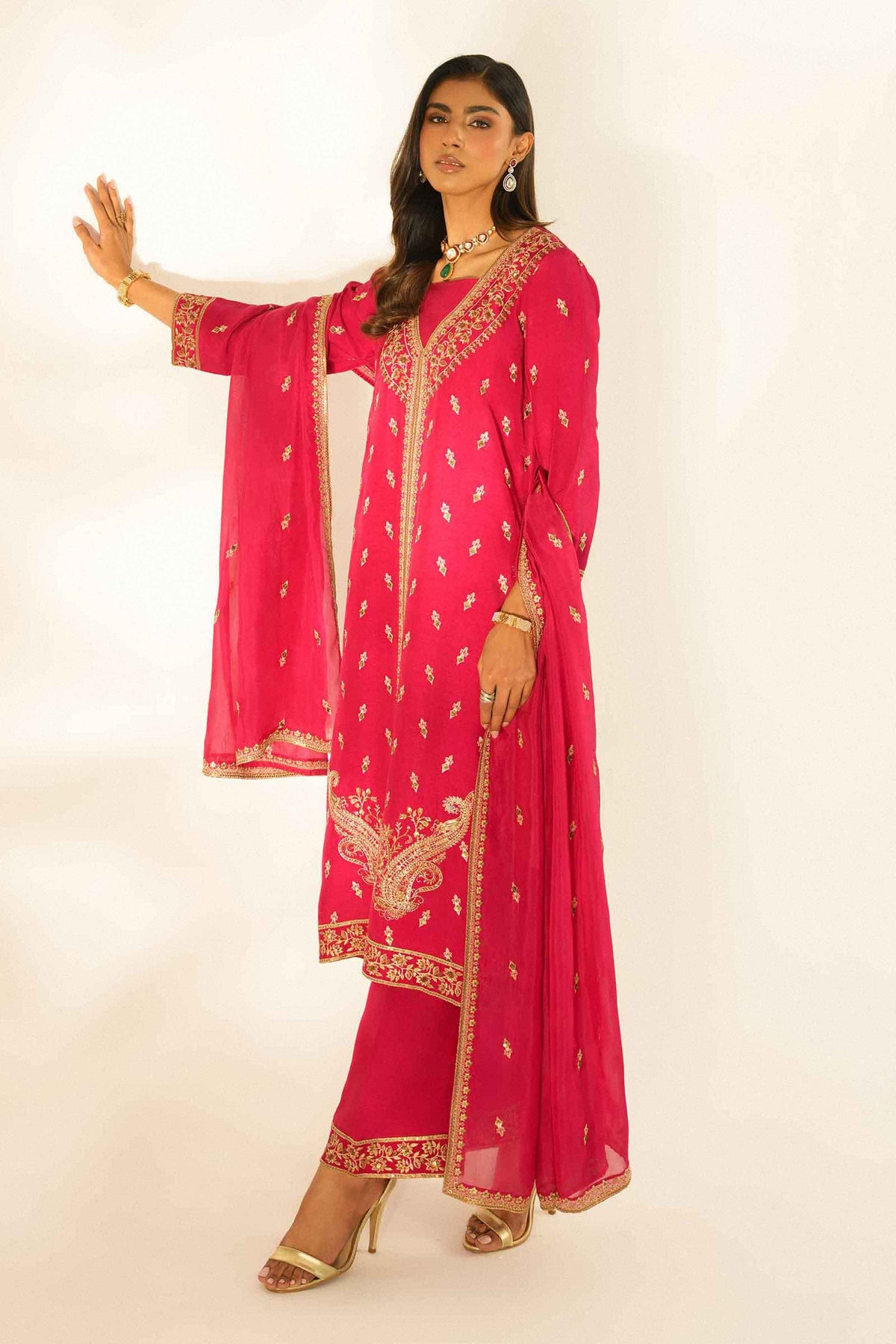 Nishat UK - Red Embroidered Silk 3 Pieces ready to wear Suit