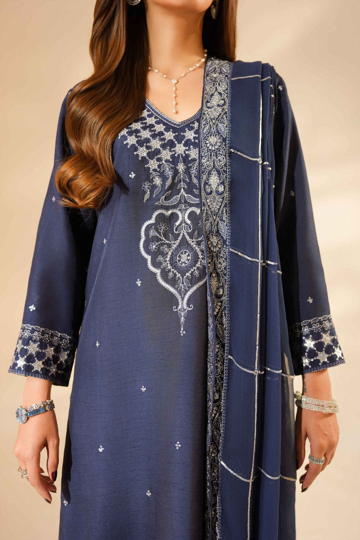 Nishat UK - Blue Embroidered Silk 3 Pieces ready to wear luxury Suit