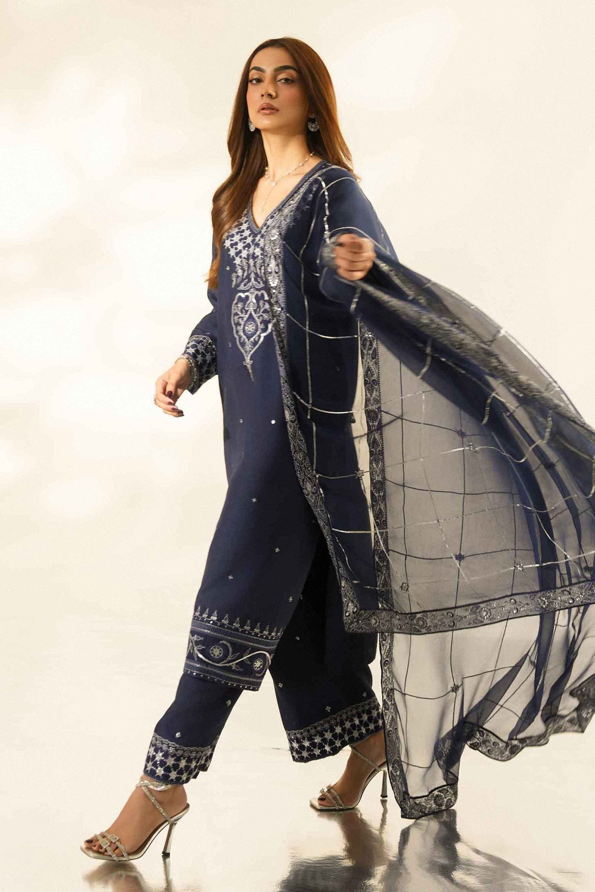 Nishat UK - Blue Embroidered Silk 3 Pieces ready to wear luxury Suit