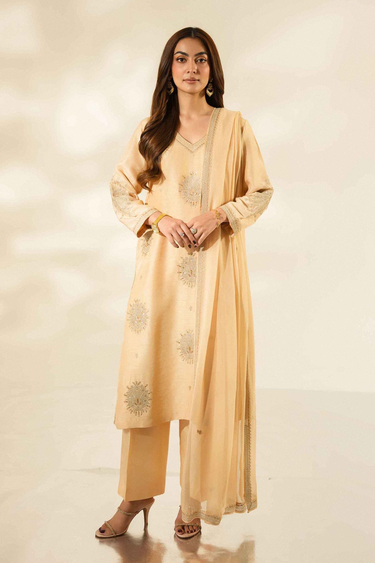 Nishat UK - Beige Embroidered Silk 3 Pieces ready to wear Suit