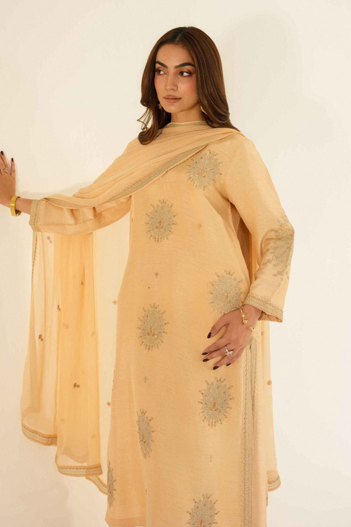 Nishat UK - Beige Embroidered Silk 3 Pieces ready to wear Suit
