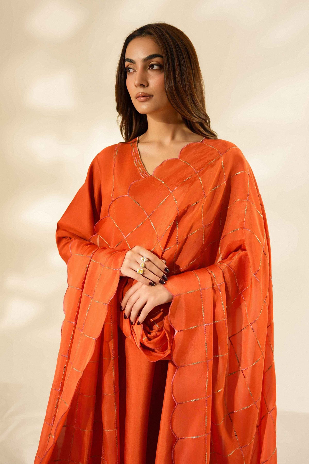 Nishat UK - Orange Embroidered Silk 3 Pieces ready to wear luxury Suit