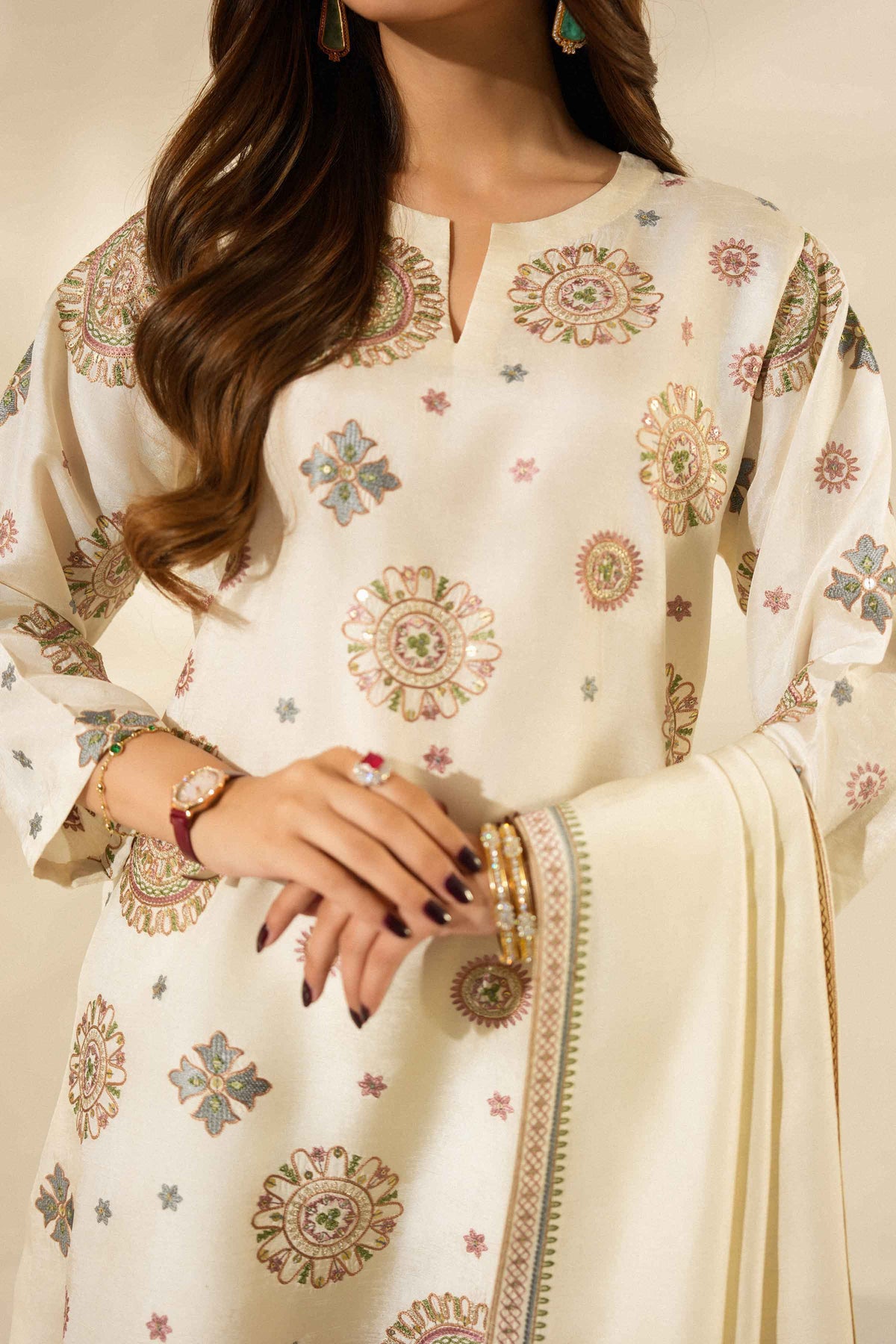 Nishat UK - Off White Embroidered Silk 3 Pieces ready to wear luxury Suit