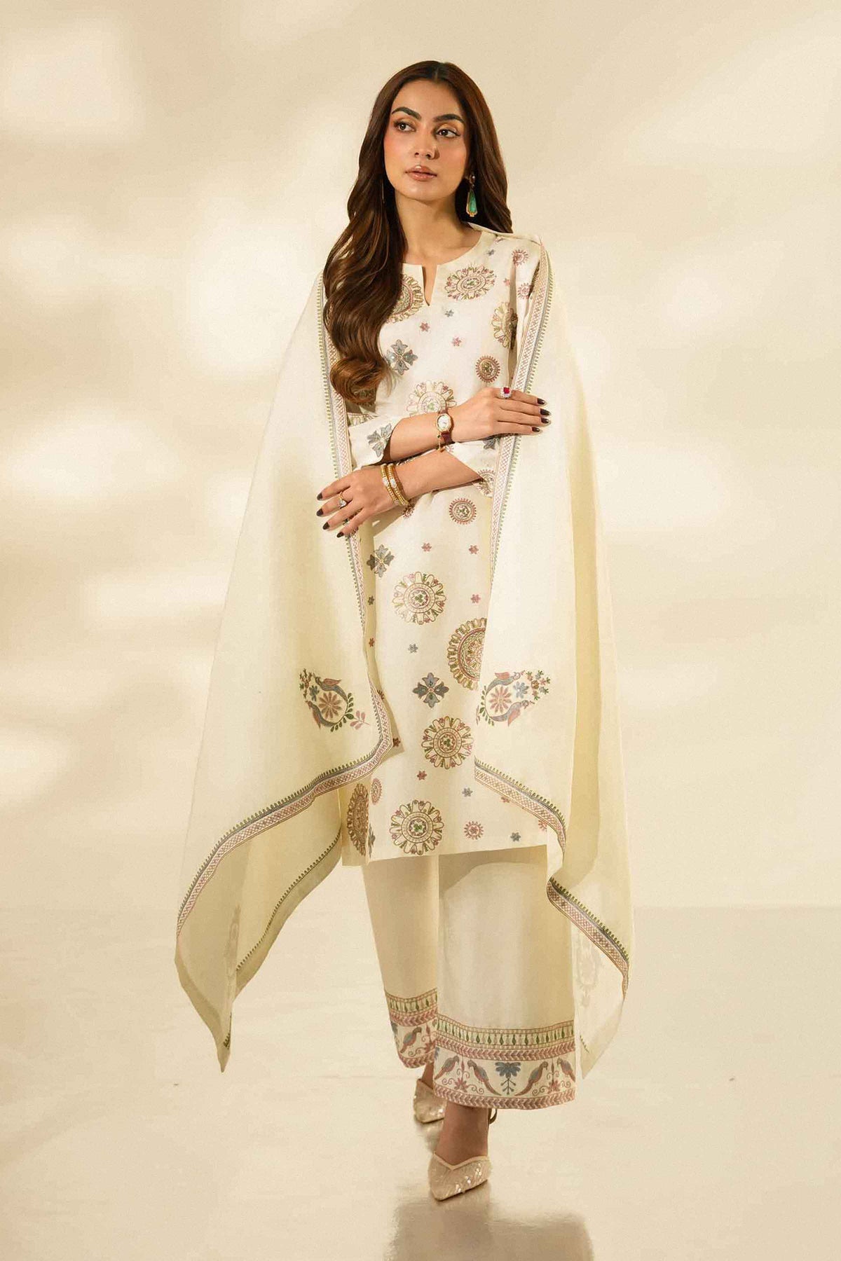 Nishat UK - Off White Embroidered Silk 3 Pieces ready to wear luxury Suit