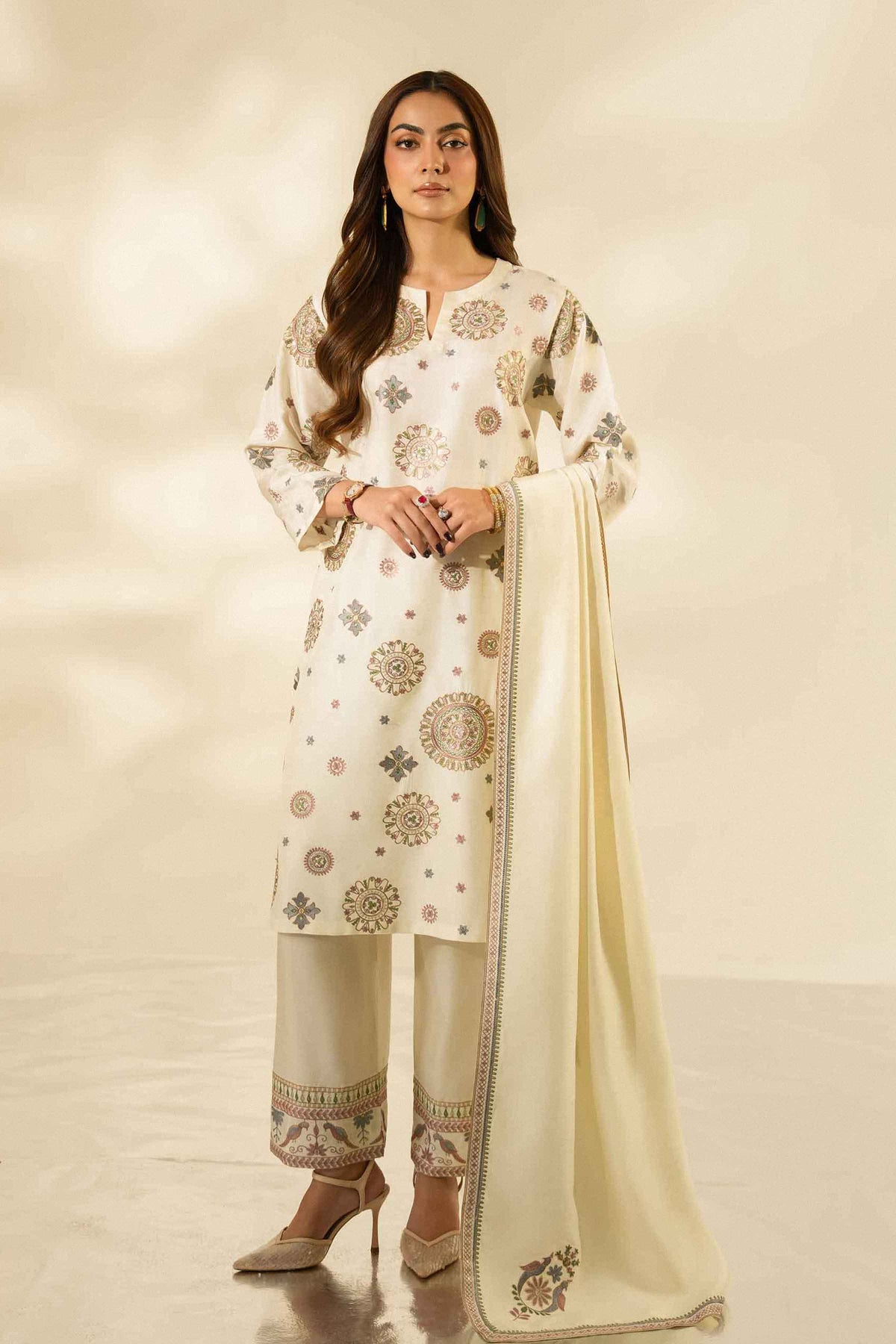 Nishat UK - Off White Embroidered Silk 3 Pieces ready to wear luxury Suit
