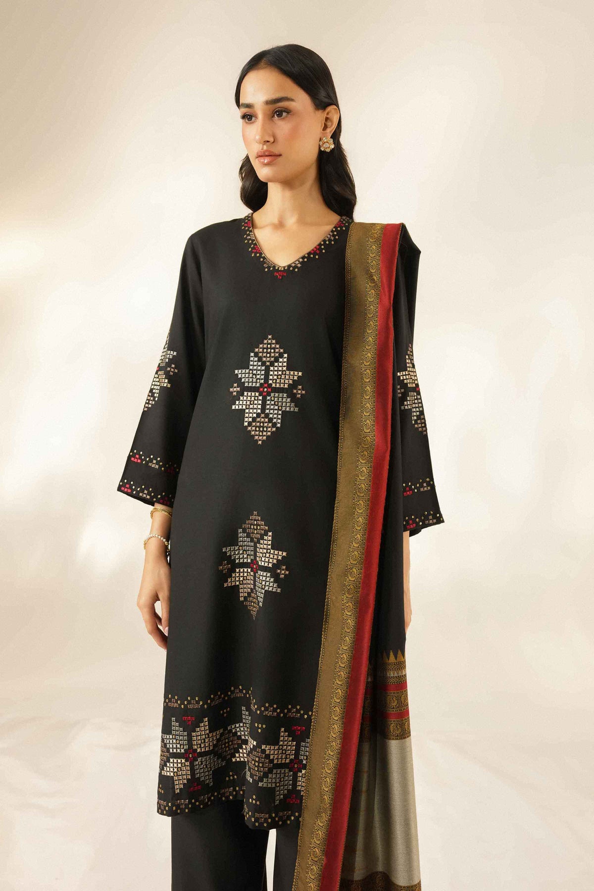 Nishat UK - Black Embroidered Base Fabric 3 Pieces ready to wear Suit