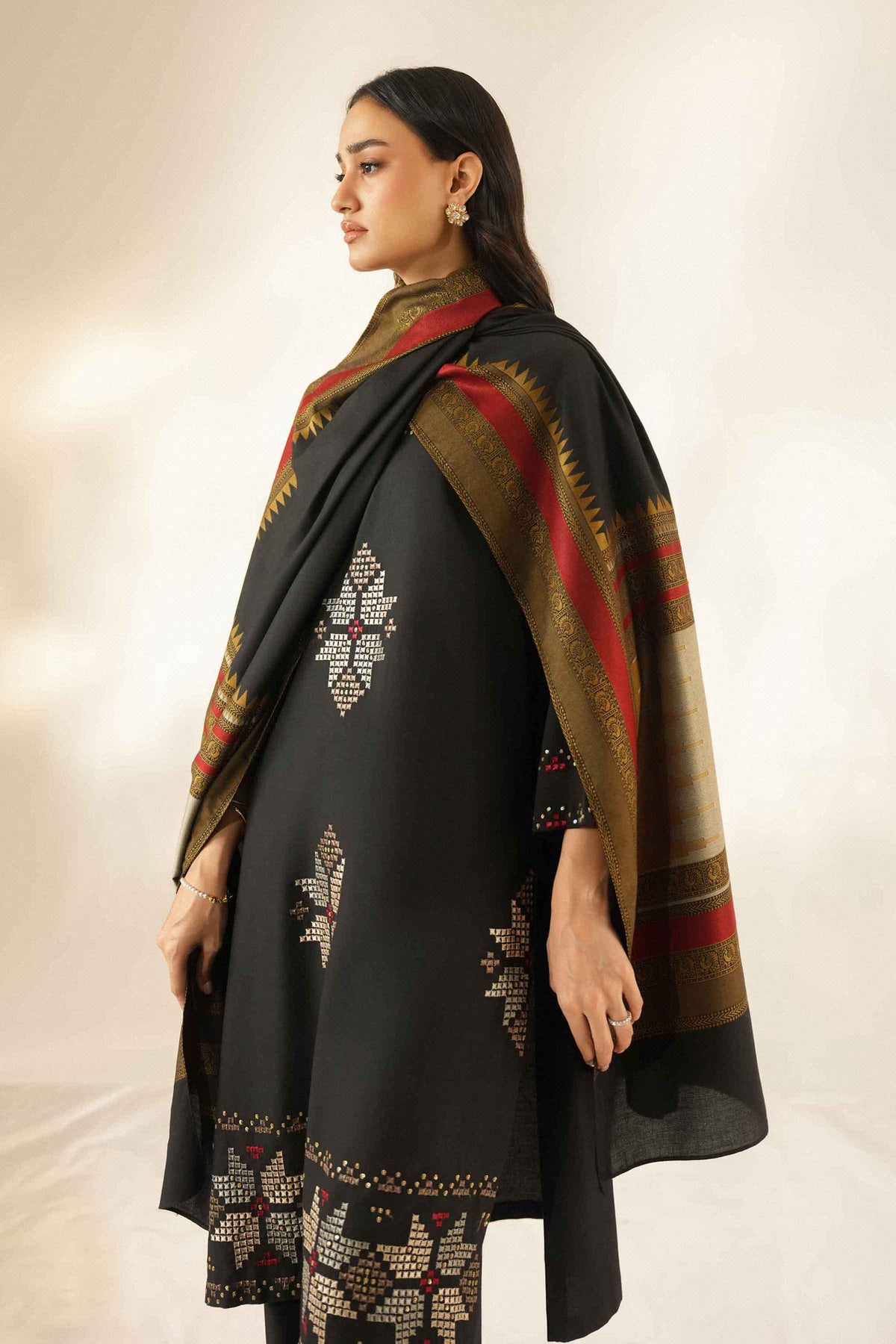 Nishat UK - Black Embroidered Base Fabric 3 Pieces ready to wear Suit