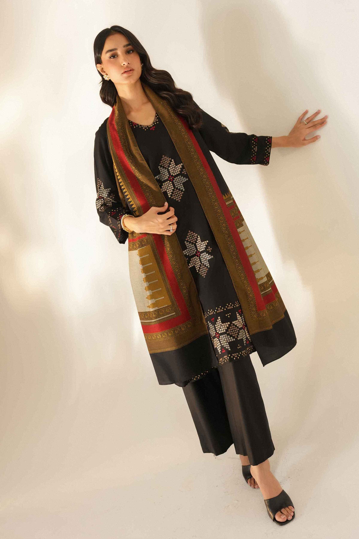 Nishat UK - Black Embroidered Base Fabric 3 Pieces ready to wear Suit