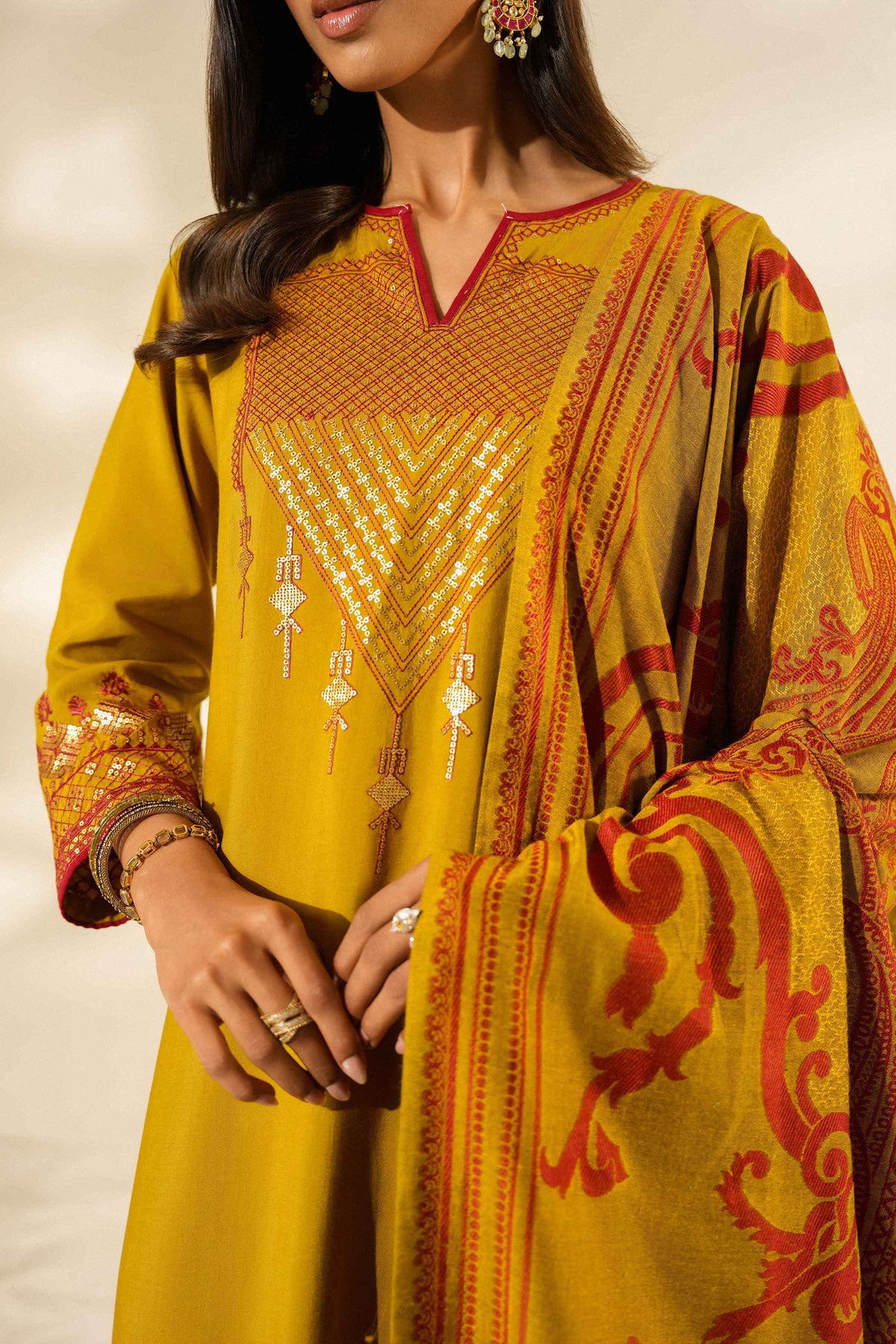 Nishat UK - Yellow Embroidered Silk 3 Pieces ready to wear luxury Suit