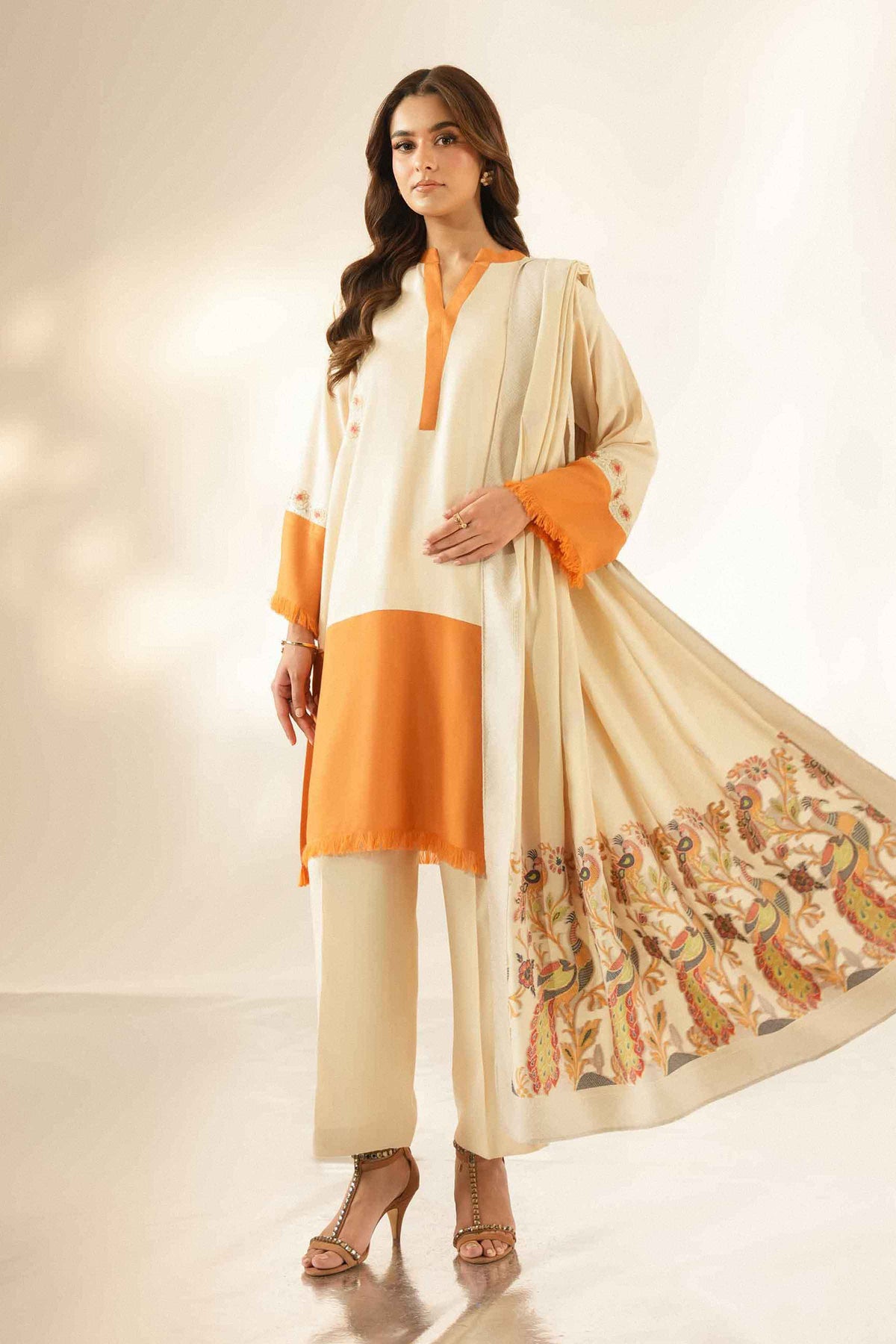 Nishat UK - Beige Embroidered Silk 3 Pieces ready to wear Suit