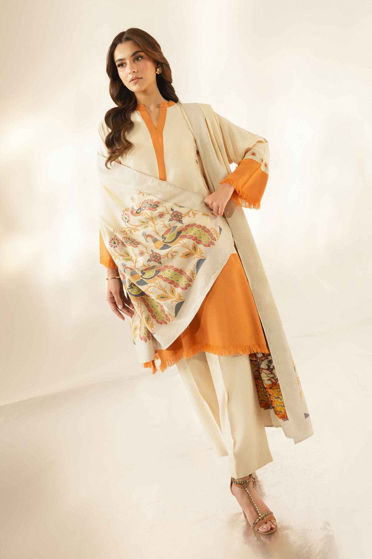 Nishat UK - Beige Embroidered Silk 3 Pieces ready to wear Suit