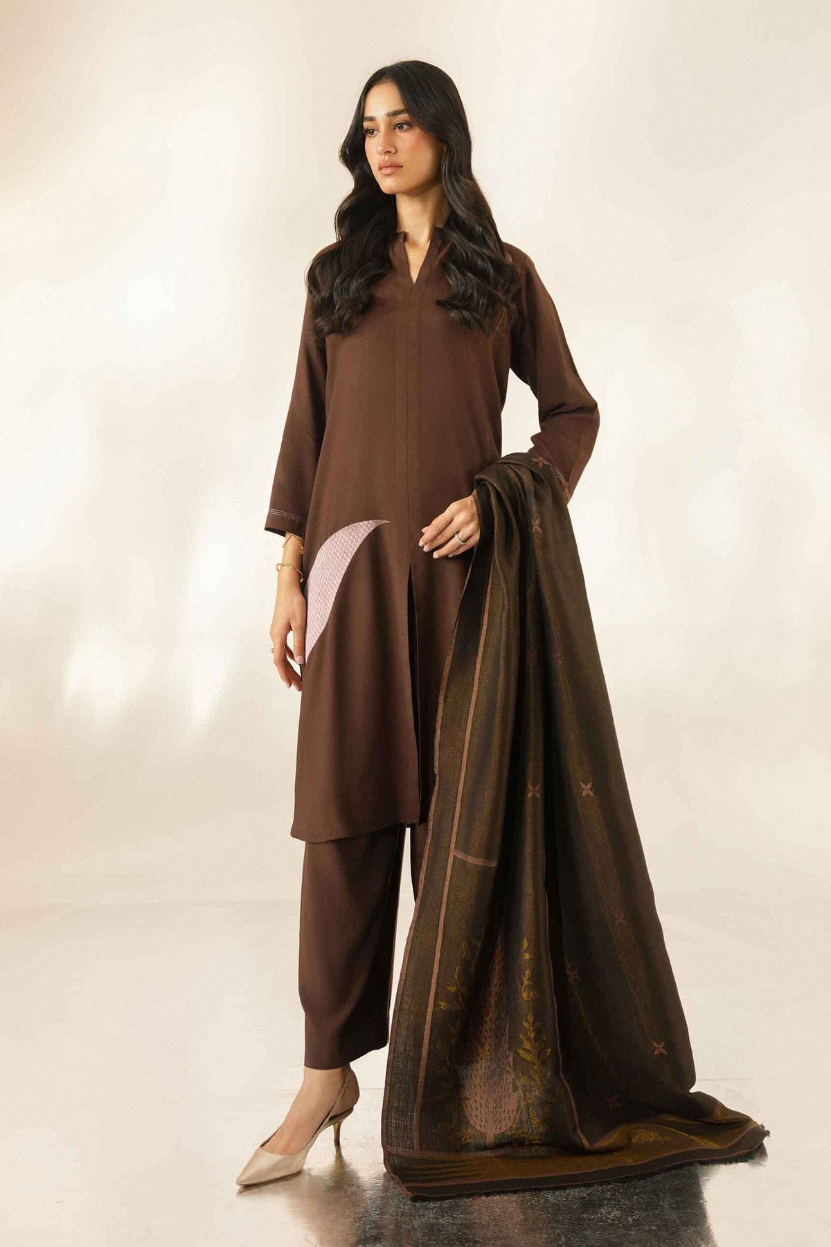 Nishat UK - Brown Embroidered Silk 3 Pieces ready to wear luxury Suit