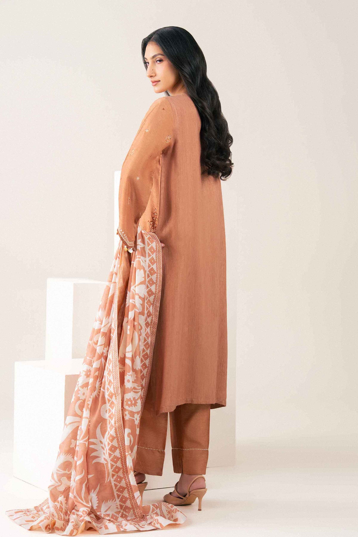Nishat UK - Orange Embroidered Silk 3 Pieces ready to wear Suit