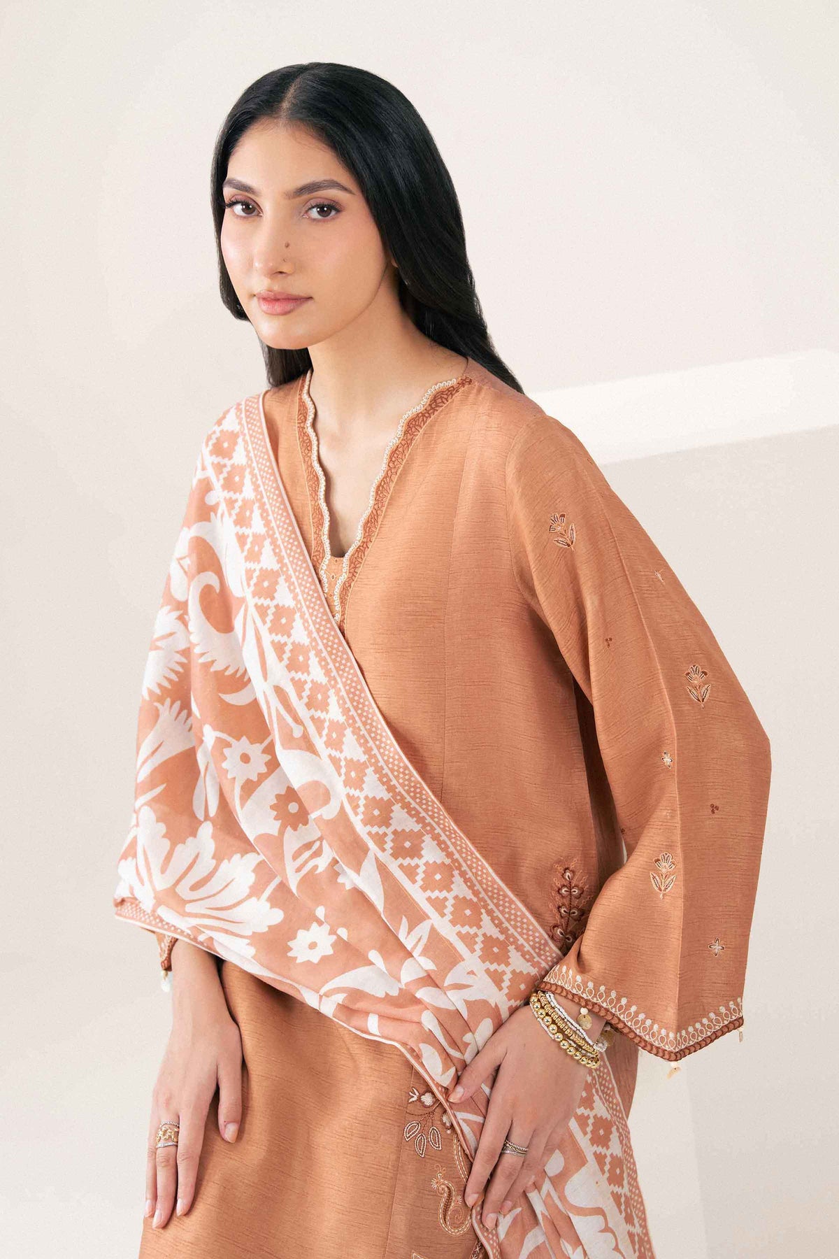 Nishat UK - Orange Embroidered Silk 3 Pieces ready to wear Suit