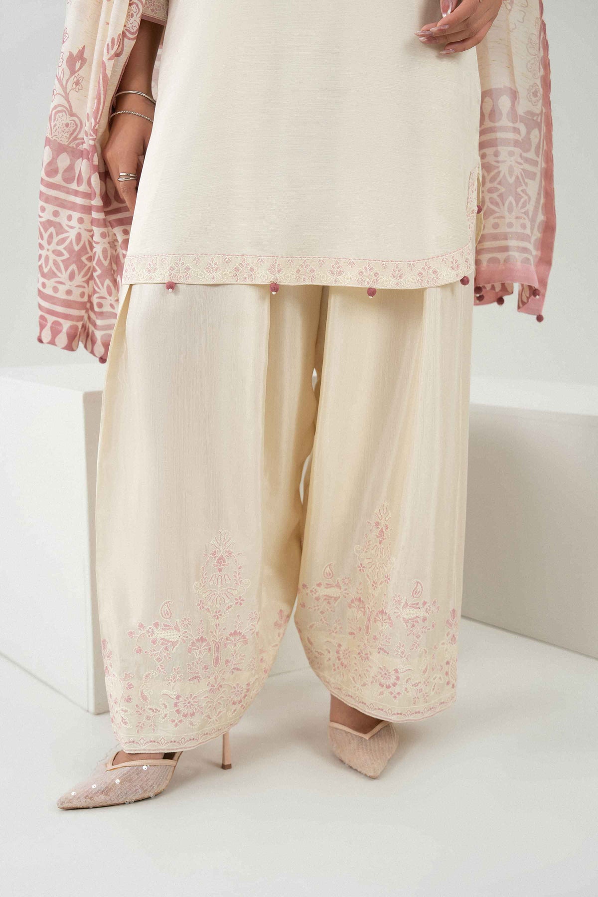 Nishat UK - Off White Embroidered Silk 3 Pieces ready to wear Suit