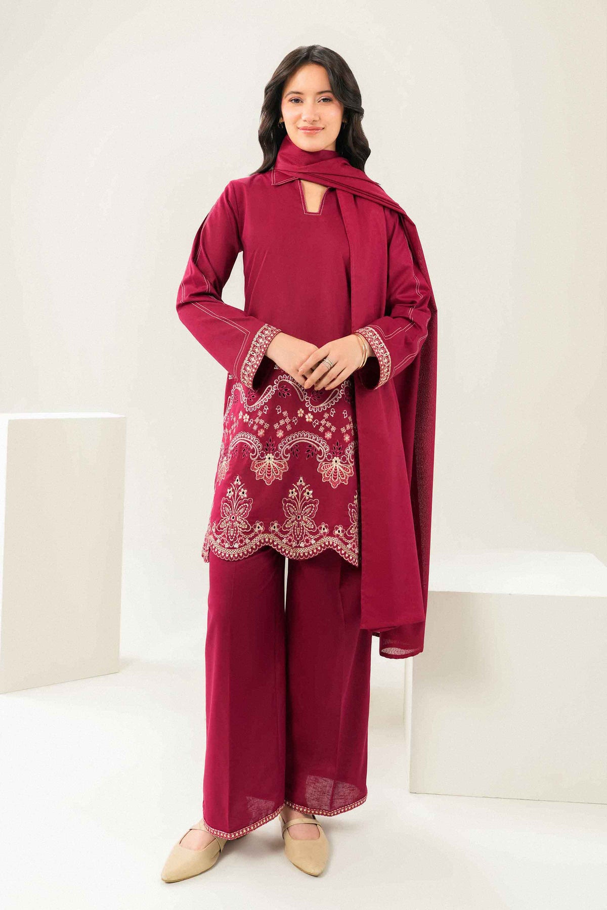 Nishat UK - Red Embroidered Karandi 3 Pieces ready to wear Suit