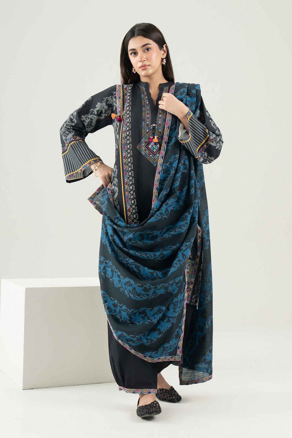 Nishat UK - Black Embroidered Khaddar 3 Pieces ready to wear 
