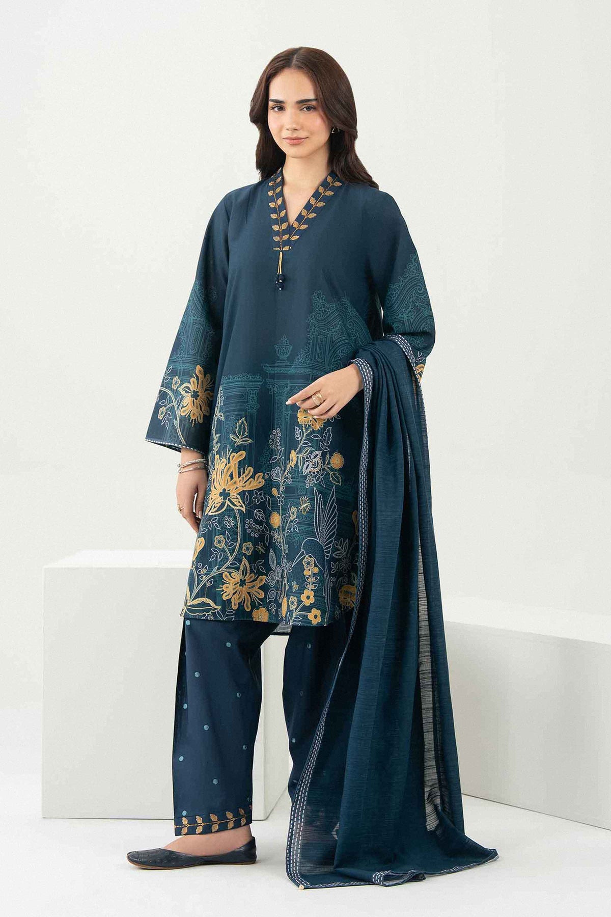 Nishat UK - Blue Embroidered Khaddar 3 Pieces ready to wear Suit