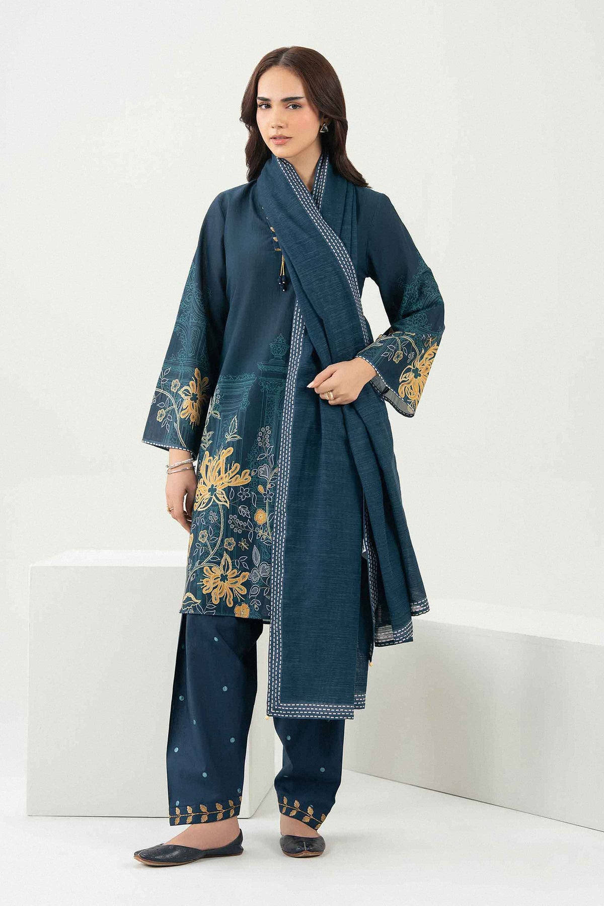 Nishat UK - Blue Embroidered Khaddar 3 Pieces ready to wear Suit