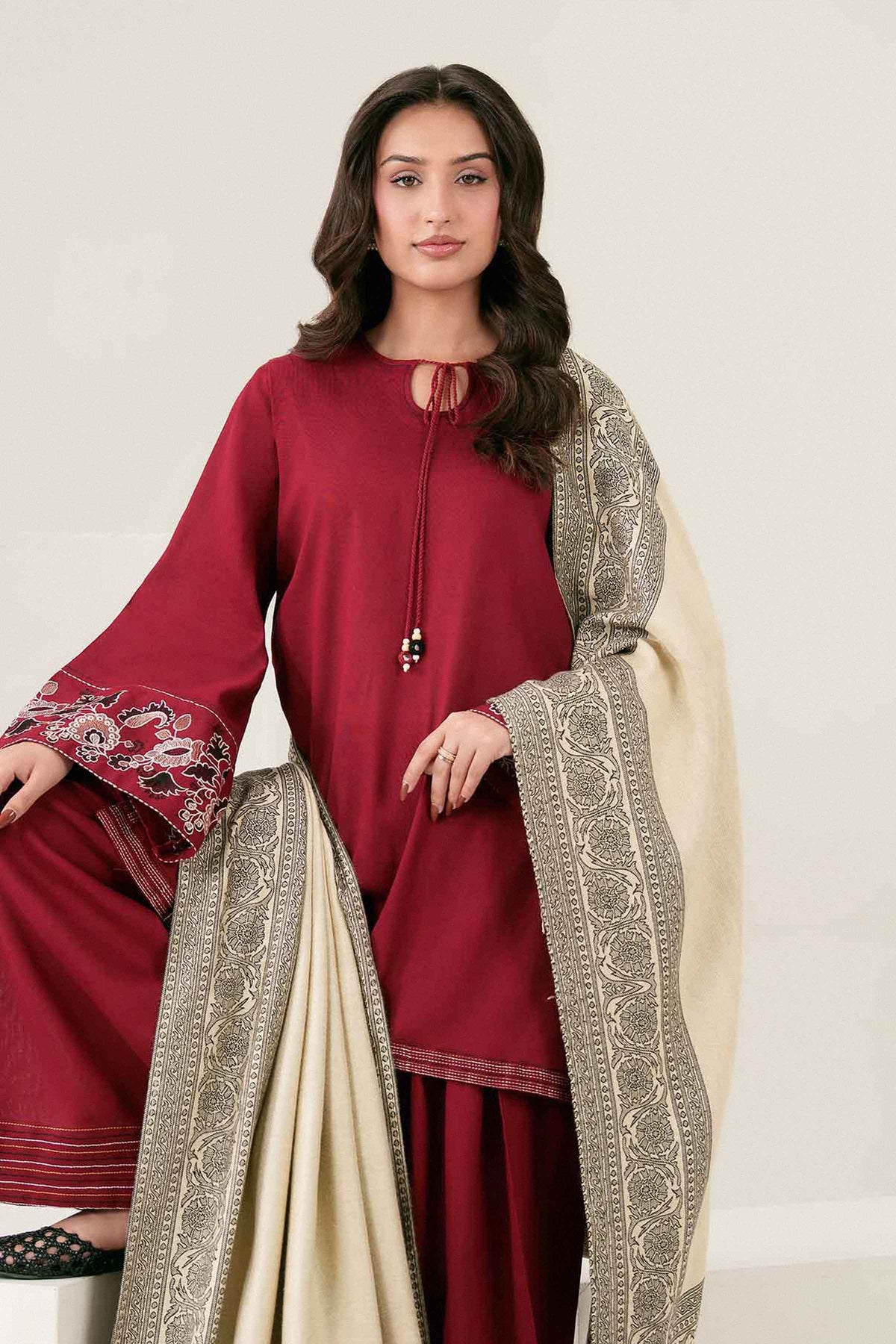 Nishat UK - Red Embroidered Twill 3 Pieces ready to wear Suit