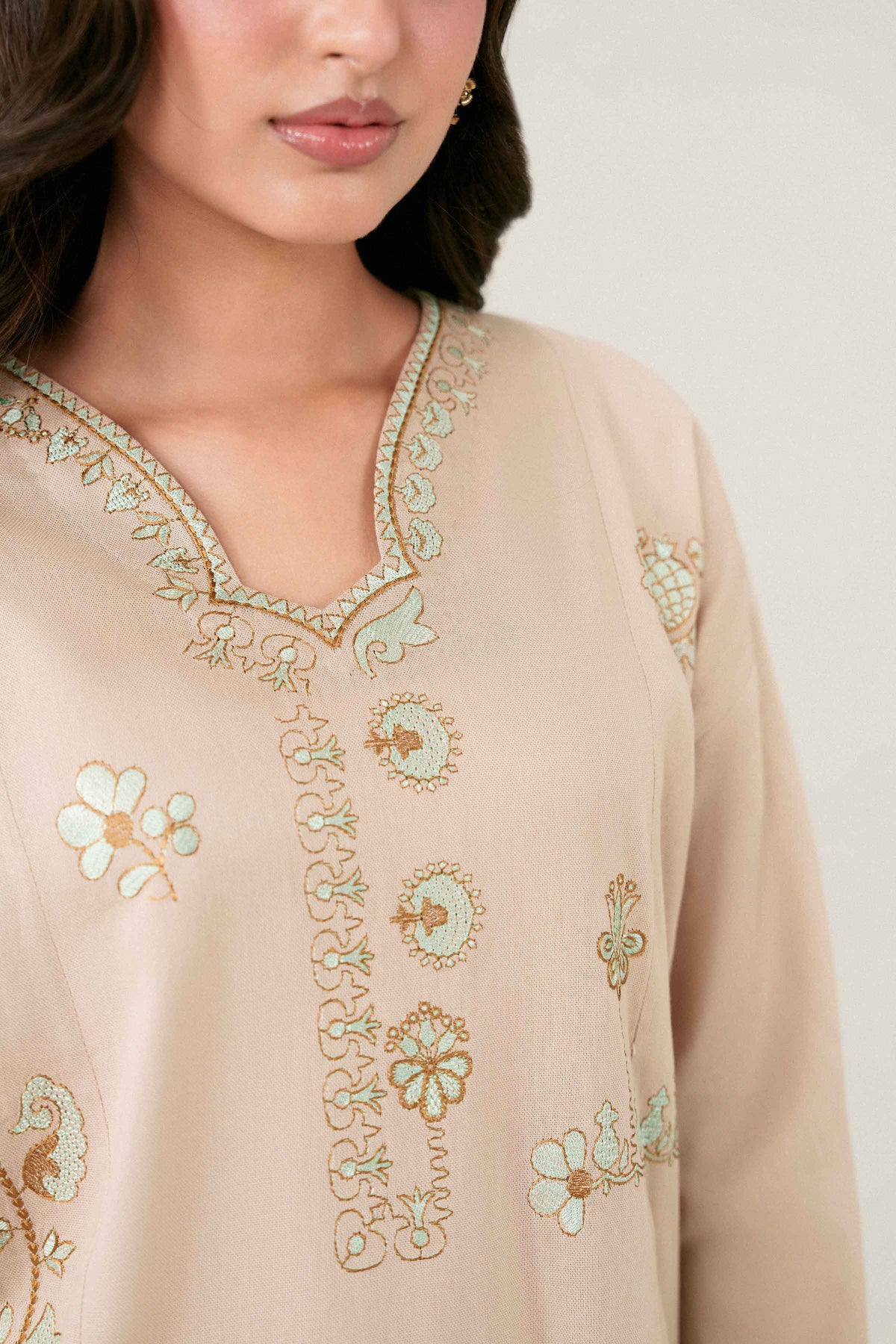Nishat UK - Beige Embroidered Twill 3 Pieces ready to wear Suit