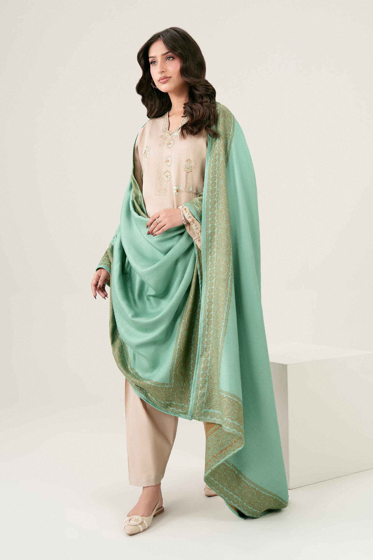 Nishat UK - Beige Embroidered Twill 3 Pieces ready to wear Suit