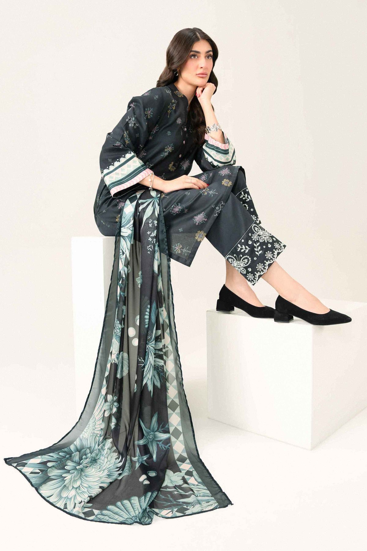 Nishat UK - Black Embroidered Satin 3 Pieces ready to wear Suit