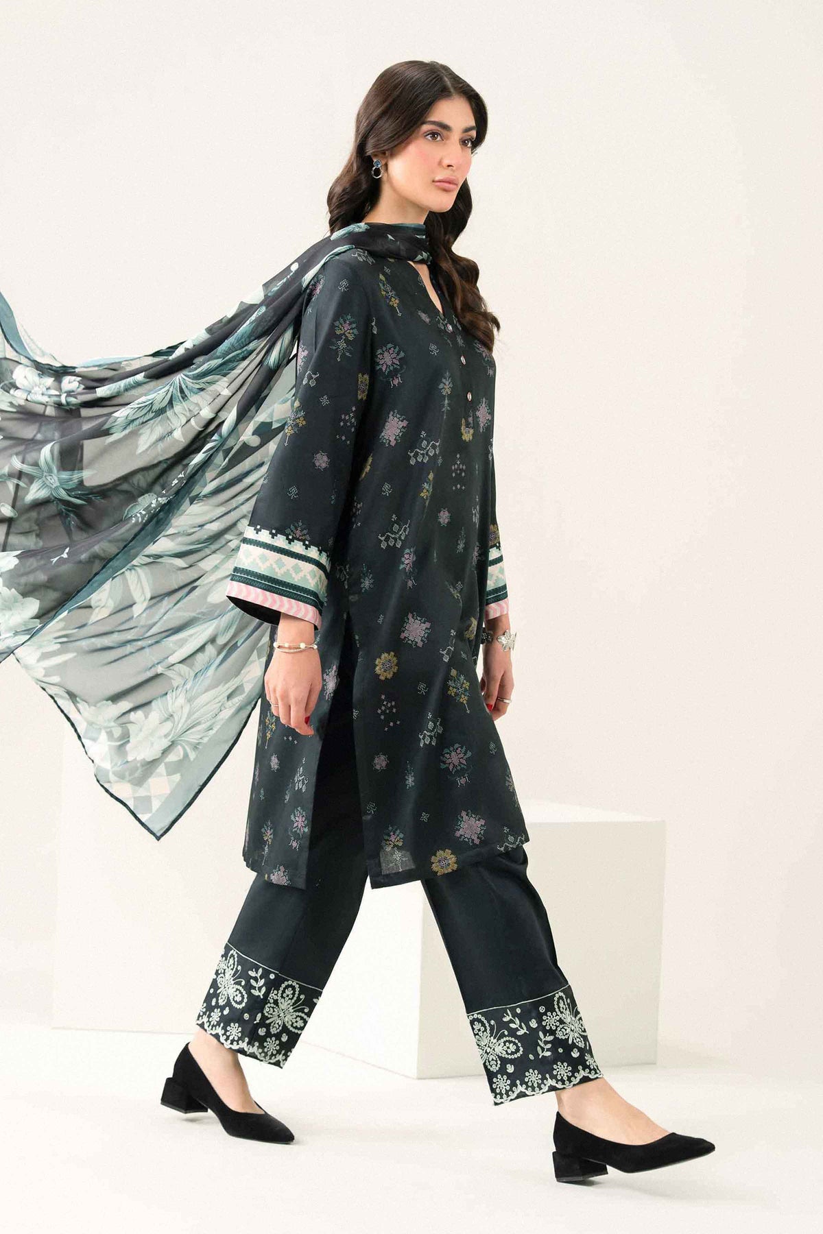 Nishat UK - Black Embroidered Satin 3 Pieces ready to wear Suit