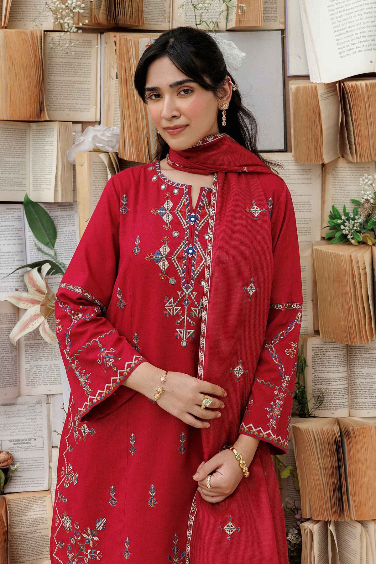 Nishat UK - Red Embroidered Karandi 3 Pieces ready to wear Suit