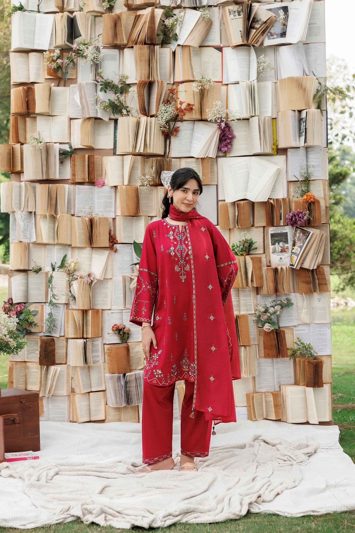 Nishat UK - Red Embroidered Karandi 3 Pieces ready to wear Suit