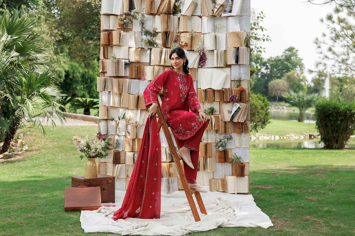 Nishat UK - Red Embroidered Karandi 3 Pieces ready to wear Suit