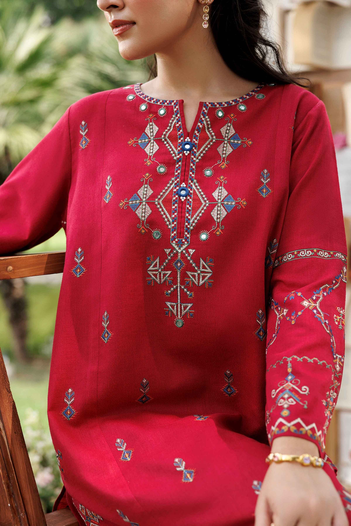 Nishat UK - Red Embroidered Karandi 3 Pieces ready to wear Suit