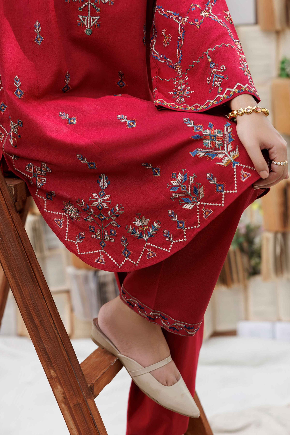 Nishat UK - Red Embroidered Karandi 3 Pieces ready to wear Suit